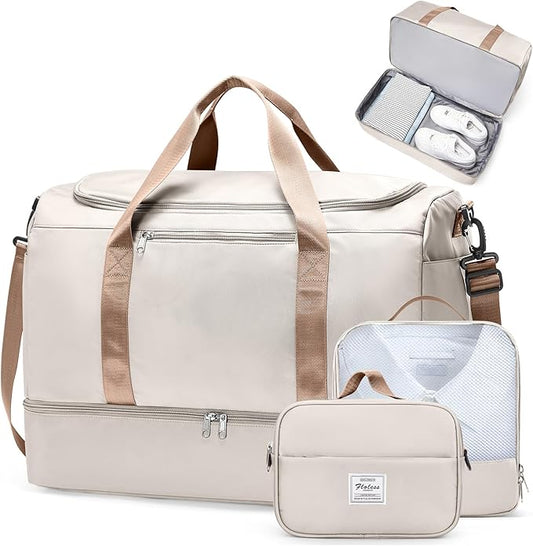 Extra Large Travel Duffle Bag,Carry on Overnight Weekend Bag with Shoes Compartment,Weekender Bags for Women for Travel Business Trips Sport Hospital,3 Pcs Set,Beige & Brown