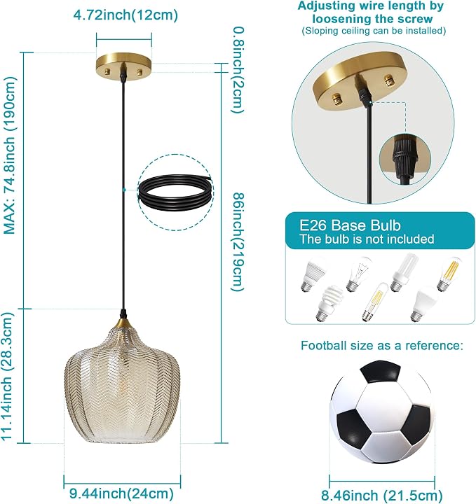 Amber Glass Pendant Lights Kitchen Island Gold Hanging Ceiling Light 9.45" | 1 Pack, Adjustable height, Dimmable, E26 bulbs, Rust-resistant Damp Rated For Bathrooms, 5-Year Warranty, UL Certification