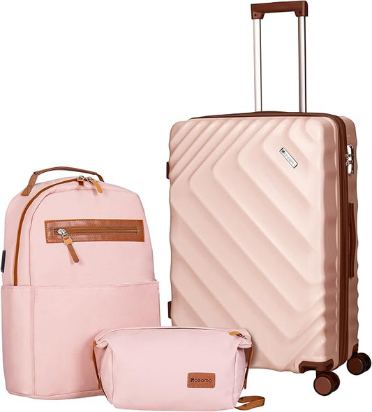 3 piece Luggage Set Expandable Suitcase 22x14x9 Airline Approved Carry on, ABS Hard Case Suitcases with Spinner Wheels, TSA Lock, (Pink, 3 Piece Sets(20/BP/TB))