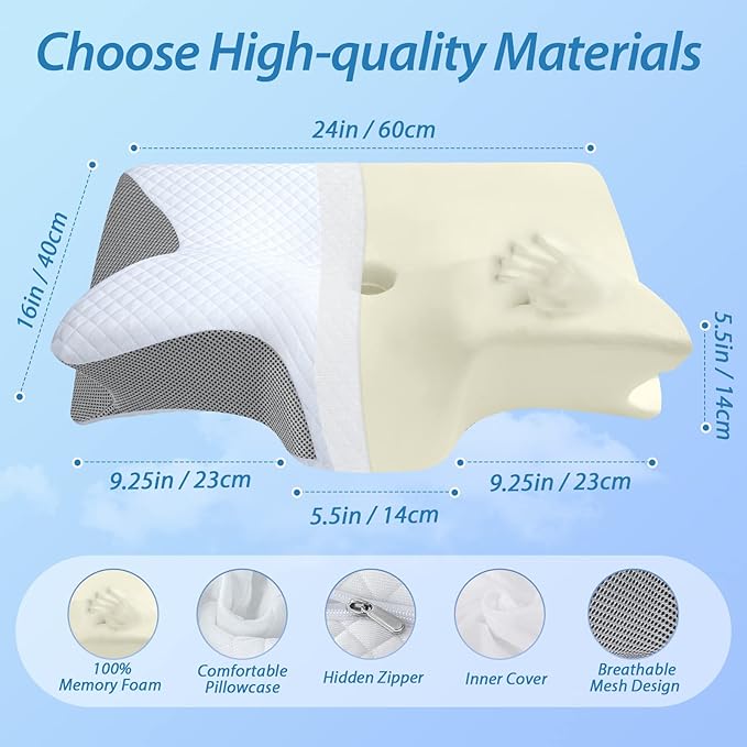 HOMCA Memory Foam Cervical Pillow, 2 in 1 Ergonomic Contour Orthopedic Pillow for Neck Pain, Contoured Support Pillows for Side Back Stomach Sleepers