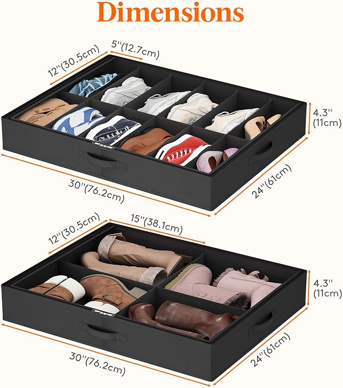 Lifewit Under Bed Shoe Storage Organizer 2 Pack(12 Pairs+4 Pairs), 4.3" Tall Fabric Shoes Container Box, Foldable Closet Shoe Bag with 2 Reinforced Handles and Clear Cover, Black
