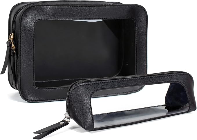 LETGO 2Pack Clear Makeup Bags, Portable Clear Makeup Brushes Bag Case Travel Car Accessories Essentials,Slim Makeup Pouch for Purse for Women (2Pack-Black Set)