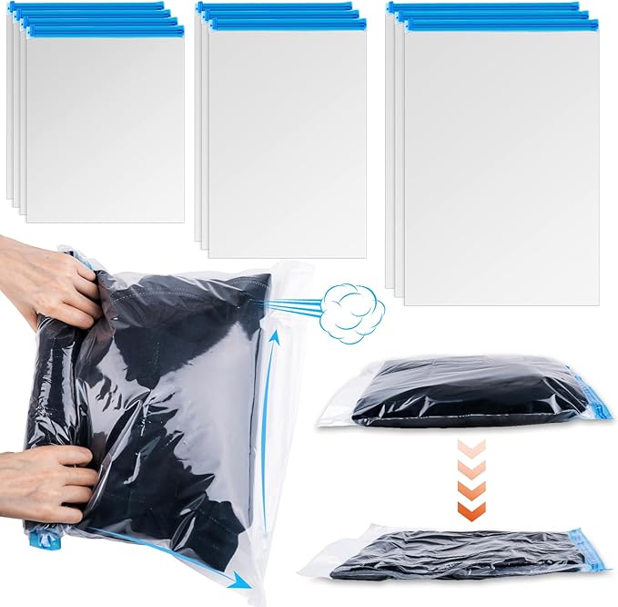 10 PCS Compression Bags for Travel Essentials, 3 Sizes Space Saver Bags, No Vacuum or Pump Needed, Roll Up Vacuum Packing for Clothing Storage, Cruise Accessories, Luggage & Home Organizers