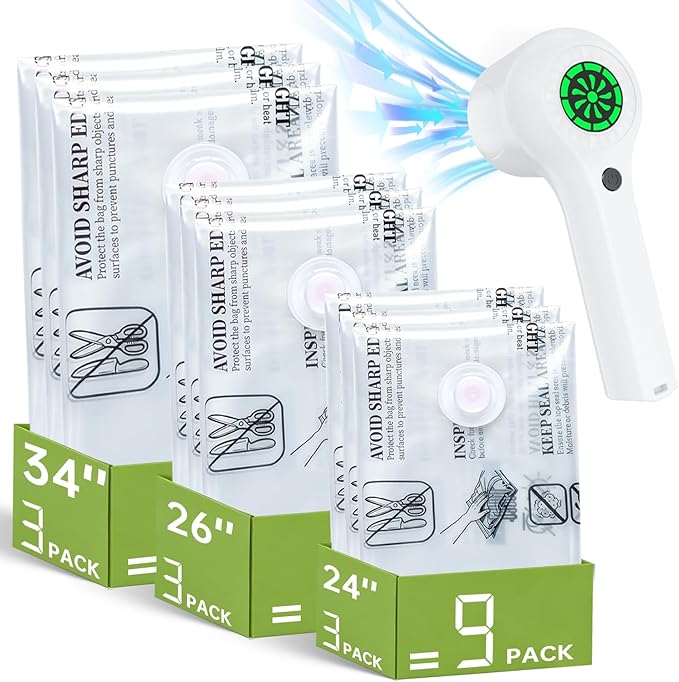Vacuum Storage Bag with Rechargeable Cordless Pump, 9 Pack Vacuum Seal Space Saver Bags for Clothing Clothes Travel Home