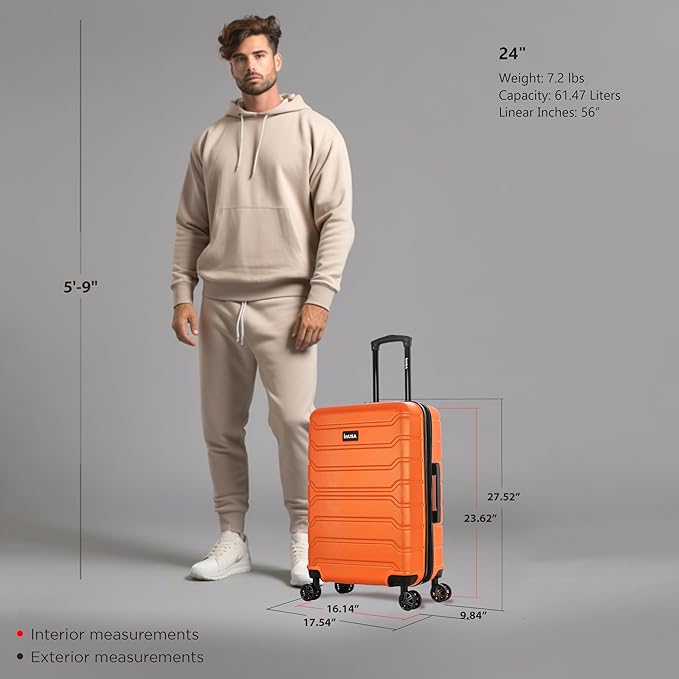 InUSA TREND Luggage with Spinner Wheels | Durable lightweight Hardside Suitcase, Travel bag with Handle and Trolley, 24-Inch Medium Checked luggage | Orange