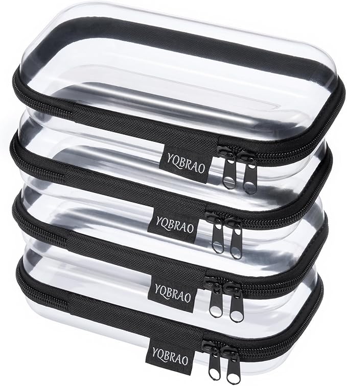 YQBRA 4 Pack Clear Hard Shell Zipper Case, See-Through Hard Plastic Organizer Pouches with Zipper for Travel, Toiletries, Makeup, Electronics & Pencils - Crush-Resistant Storage (S Black)