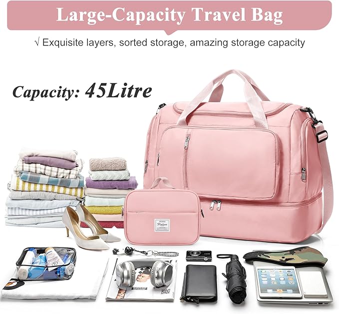 Travel Duffle Bag, Weekender Bags for Women,Overnight Weekend Carry On Personal Item Travel Bag with Shoes Compartment & Toiletry Bag,Pink