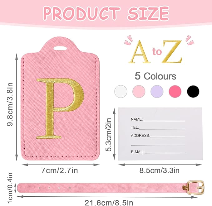 Initial Letter Luggage Tags for Suitcases, Personalized Embroidered Letter Luggage Bag Suitcase Identifier Name Tag, Cute PU Leather Travel Luggage Tags, Bag Tags for Luggage Handbags(Pink P)
