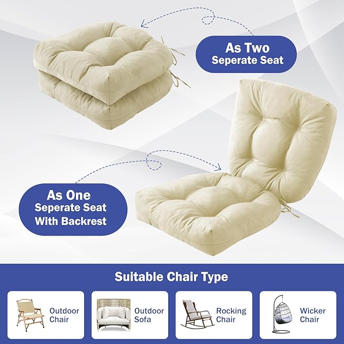 Outdoor Chair Cushions Set of 2, Patio Chair Cushions with Ties, 17x17+4” Tufted Outdoor Seat Cushions, Waterproof Patio Furniture Cushions, Outdoor Dining Chair Pads, Beige