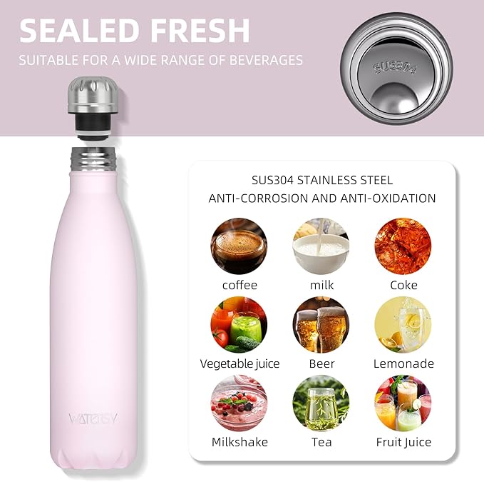 WATERSY Stainless Steel water bottles,17oz/500ml Insulated Water Bottles,Pink metal water bottle Keeps Drink Cold and Hot,BPA Free kids water bottles for School,Gym,Travel,Sports