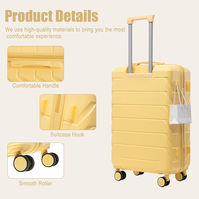 28 Inch Checked-Large Luggage, Lightweight ABS Hard Shell Suitcase with Spinner Wheels, Expandable Travel Luggage with Combination Lock & Side Hooks for Men Women (Yellow, 28)