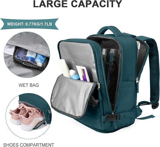 coowoz Travel Backpack For Women Men,Carry On Backpack,Hiking Backpack Waterproof Outdoor Sports Rucksack Casual Daypack Travel Essentials(Peacock Blue)