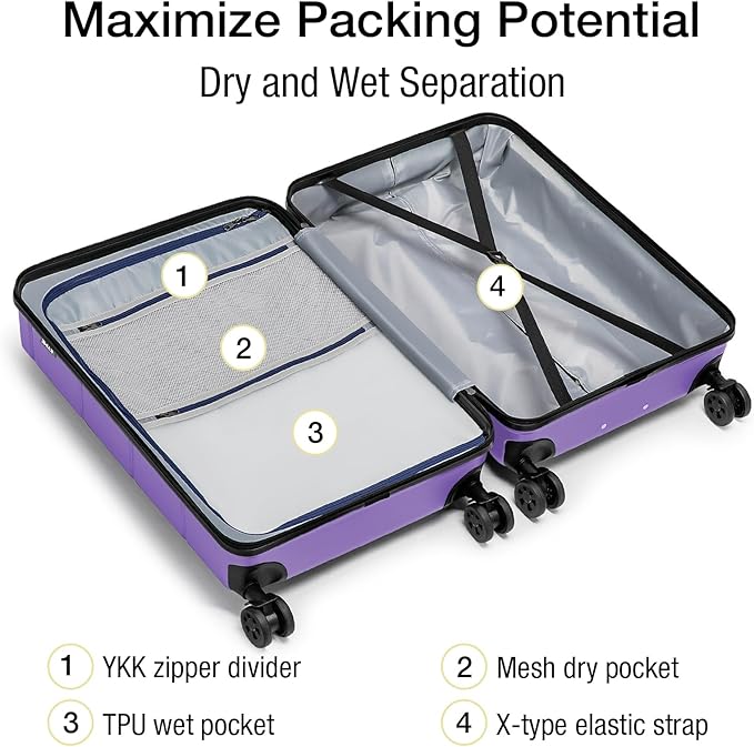 KYME Luggage Sets 2 Piece Suitcase Set Hardshell 20 inch/24 inch Luggage with Spinner Wheels Hardside PC+ABS Checked Medium Suitcase with TSA Lock for Women Lt Purple
