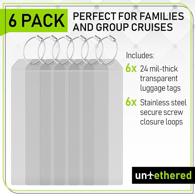 Untethered Cruise Luggage Tag Holders (6 Pack, Narrow) | Clear Luggage Tags for Cruise Ships | Durable PVC Travel Bag ID Tags (6.3" x 2.4")
