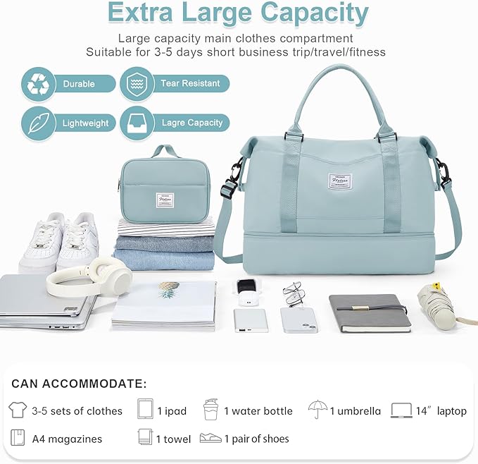 Large Weekender Bags for Women, Travel Duffel Bags with Shoe Compartment,Personal Item Travel Carry on Overnight bag for women Travel Set,Light Blue