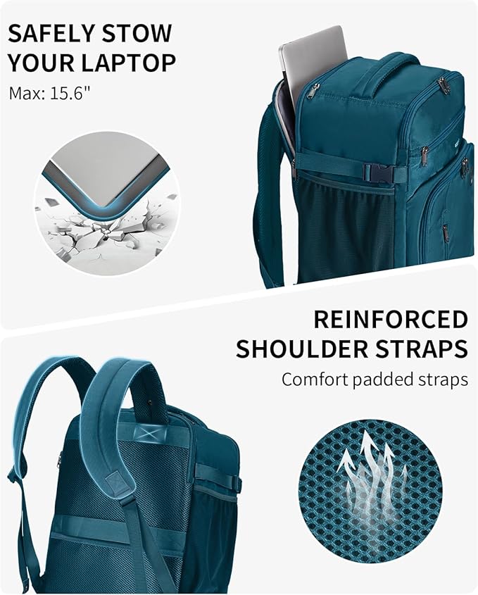 ECOHUB Travel Backpack for Women, 18x14x8 Spirit Airlines Personal Item Bag with Clear Toiletry Bag, Laptop Carry on Backpack with USB Port, Airline Approved Under Seat 14 Pockets, Blue Green