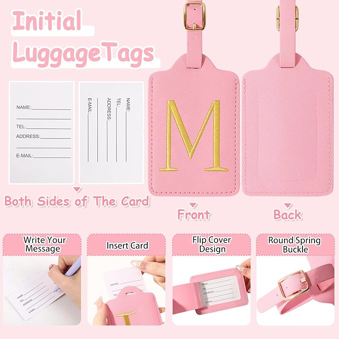 Personalized Initial Luggage Tags for Suitcases, Cute PU Leather Embroidered Letter Travel Luggage Tags, Suitcase Identifier Name Baggage Tag, Bag Tags for Men Women Kids Luggage Handbags(Pink M)