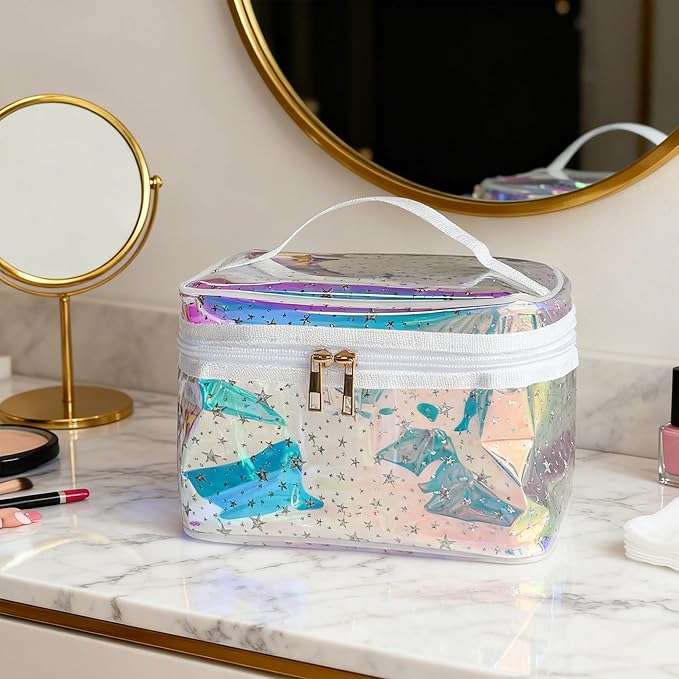 Waterproof Blue Star Print PVC Makeup Bag with Handle - 8.66 * 5.51 * 5.51 inch Travel Cosmetic Organizer for Women Men Toiletry Pouch (Blue Star-L)