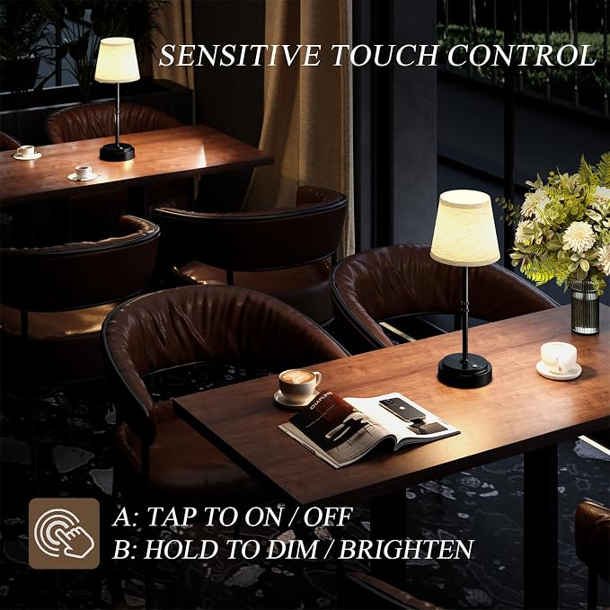 Cordless Table Lamps 2 Pack, Rechargeable Battery Operated Lamps, Black | 2 Pack, 6000mAh Per lamp, 4H Charge, 12-36H Runtime, Touch Dimming