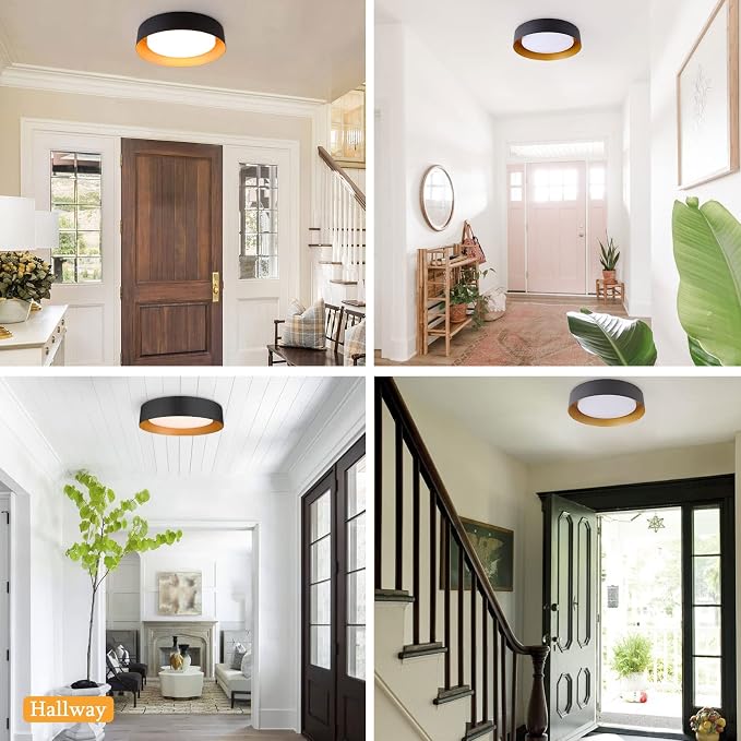 Bargeni 16.5-Inch Flush Mount Ceiling Light,Matte Black with Gold Interior | 30W LED dimmable ceiling light with warm 3000K lighting for bedroom, hallway and foyer spaces