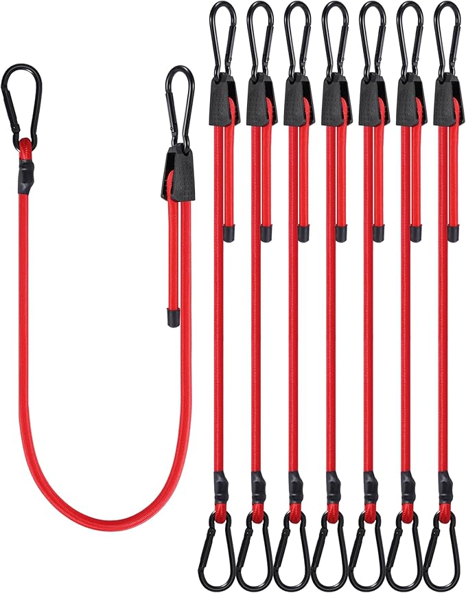 8 Pcs 48 Inch Adjustable Carabiner Bungee Cords with Hooks, Easy to Adjust from 7" to 48", Red Bungee Straps with UV-Resistance & Superior Elasticity for Cargo, Bike, Luggage, Carts, Truck, etc