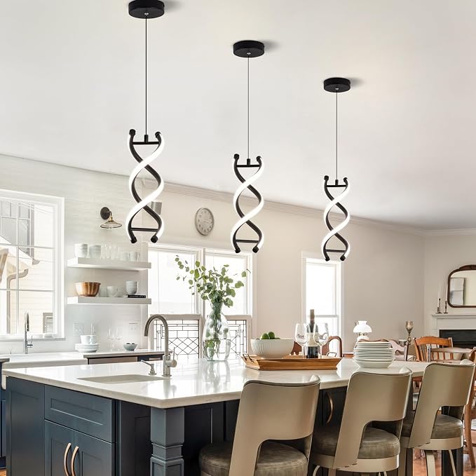 CANEOE Spiral Modern Led Pendant Light,3000K-6000K Dimmable Black LED Hanging Lamp, Adjustable Height Kitchen Island Light Fixture for Dining Room Bedroom Kitchen Sink (Black, Dimmable,3 Packs)