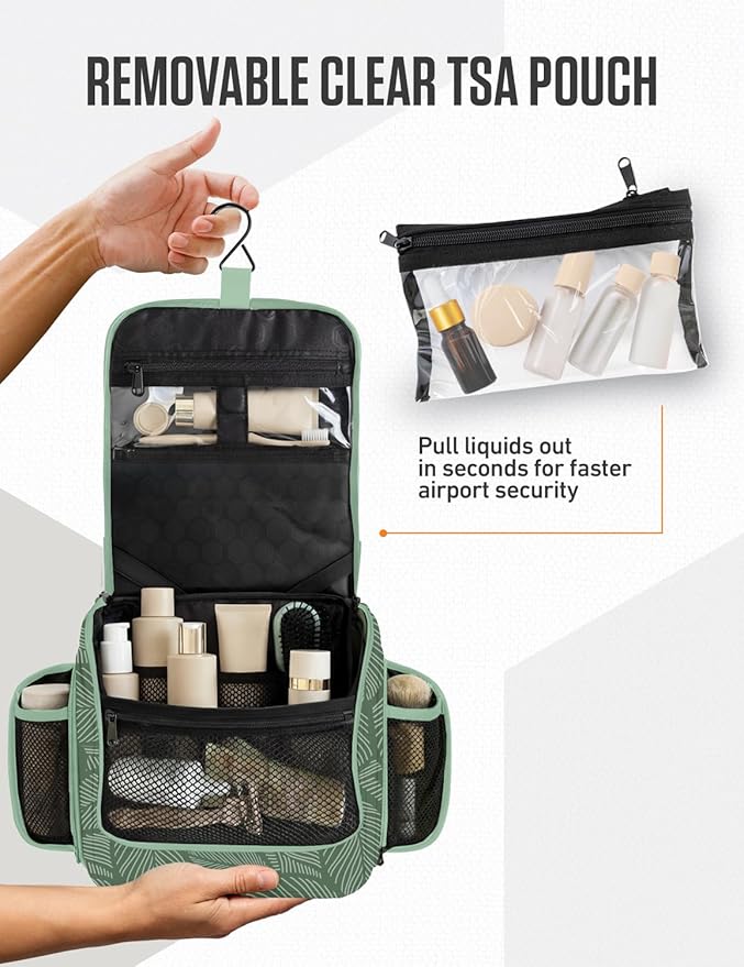 VENTURE 4TH Hanging Travel Toiletry Bag for Women & Men – Large Toiletry Organizer with 17 Compartments, Removable TSA Pouch, Travel Wash Bag for Toiletries, Makeup & Shaving Kit (Green Leaves)