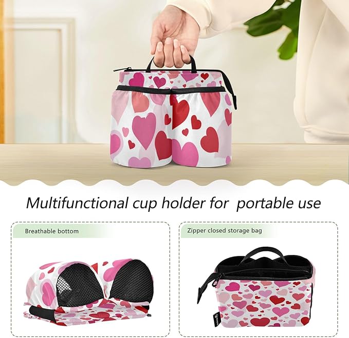 Luggage Cup Holder for Suitcases Free Hands Travel Cup Holder Portable Suitcase Cup Drink Holder Luggage Cup Caddy Bag Carrier White Pink Love Valentine