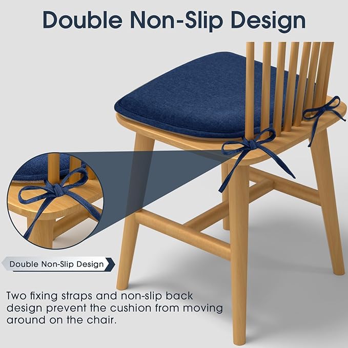 TushGuard Chair Cushions for Dining Chairs Set of 4, Soft Seat Cushions for Kitchen Chairs, Non-Slip Bottom with Ties, Comfortable Everyday Chair Pads, Navy Blue