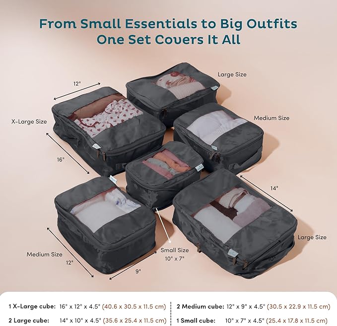 6-Pack Large Compression Packing Cubes for Travel - Lightweight Compression Packing Cube Set, Water-Resistant Luggage Organizer Bags & Suitcase Organizers, Travel Cubes for Carry-On, Checked Luggage