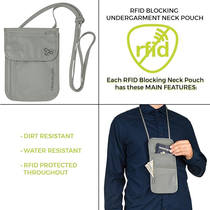 Travelon Rfid Blocking Undergarment Neck Pouch Travel Wallet, Gray, One Size