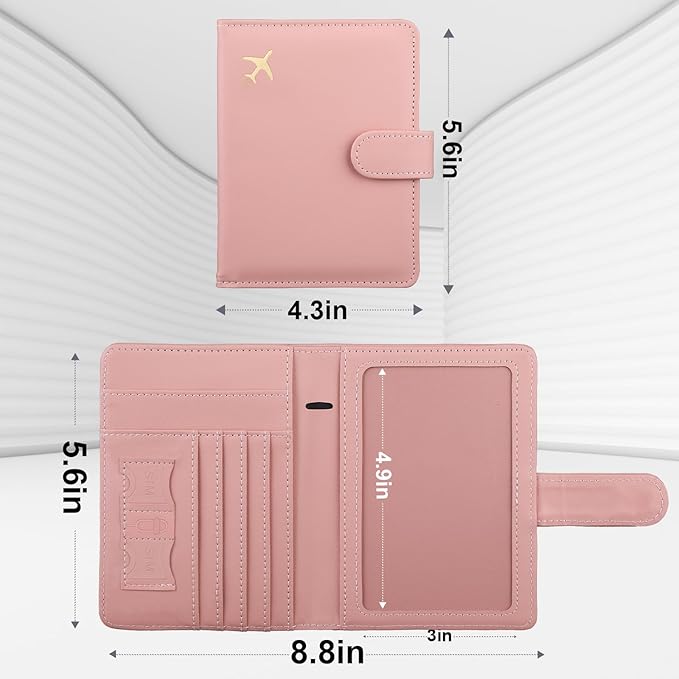 GOAUS Passport Holder for Travel with AirTag Slot Cards Cash Pocket, Faux Leather Travle Wallet Gifts for Women Men RFID Blocking Book Case Pink, AirTag Not Included