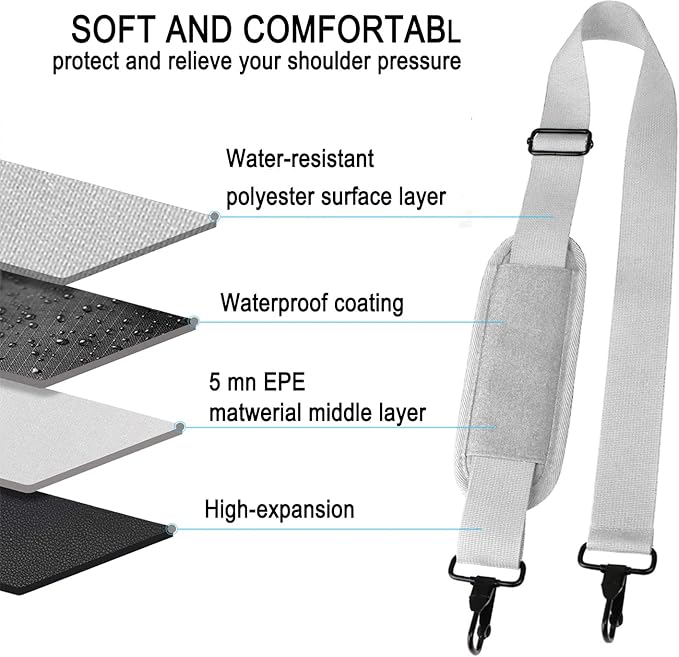 Askuko 56 Inch Shoulder Strap, Universal Adjustable Shoulder Belt Replacement Laptop Bag Shoulder Strap with Metal Hooks for Briefcase, Laptop Messenger Crossbody Bag, Luggage Duffel Camera, Grey