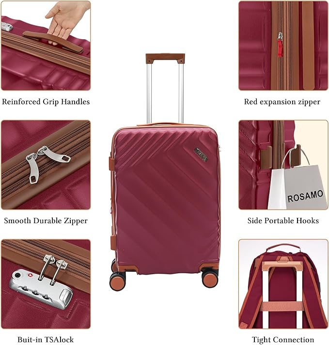 3 piece Luggage Set Expandable Suitcase 22x14x9 Airline Approved Carry on, ABS Hard Case Suitcases with Spinner Wheels, TSA Lock, (Red, 3 Piece Sets(20/BP/TB))
