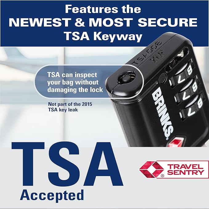 Brinks TSA Accepted Indicator Luggage Lock, Black - Resettable 3-Dial Combination, 1.5 inch Long Cable Shackle, New More Secure TSA008 Key, 2 Pack