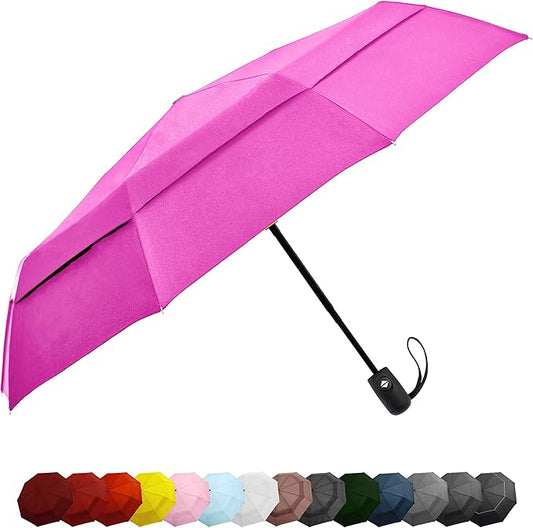 Windproof Compact Umbrella for Rain - 42” Travel Umbrella, Portable, Strong, Collapsible to 11”, Automatic Open Close Button, Vented Double Canopy with Fiberglass/Steel Frame, Wind Resistance to 55MPH