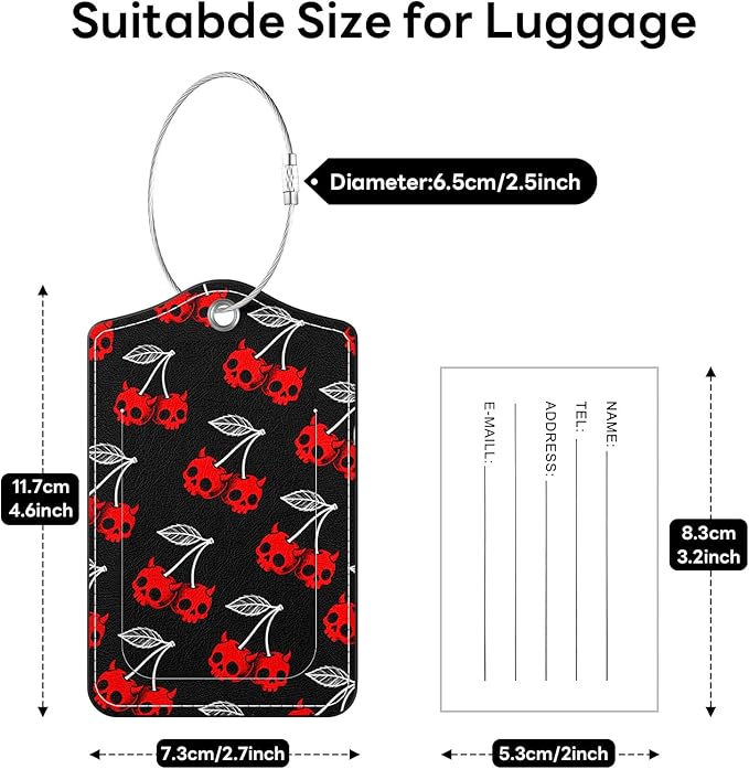 2 Pack PU Leather Luggage Tags for Suitcases, Privacy Protection Cover with Stainless Steel Loop and Address Card, Travel Cruise Essentials (Red Skull)