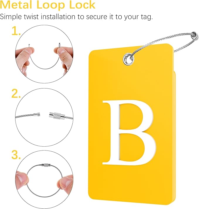 Gostwo 2 Pack Luggage Tags for Suitcases, 26 Initial Letter Travel Luggage Baggage Identification Labels ID Tag Fully Bendable Tags with Stainless Steel Loop (Yellow) (Letter B)