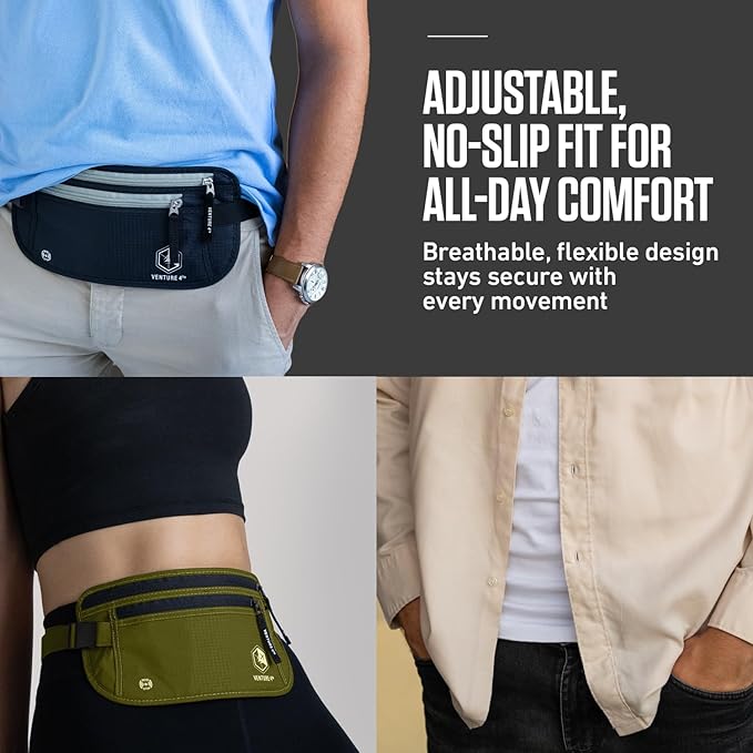 VENTURE 4TH Travel Money Belt - Slim Passport Holder RFID Blocking Travel Pouch to Protect Cash, Credit Cards and Travel Documents (Blue)
