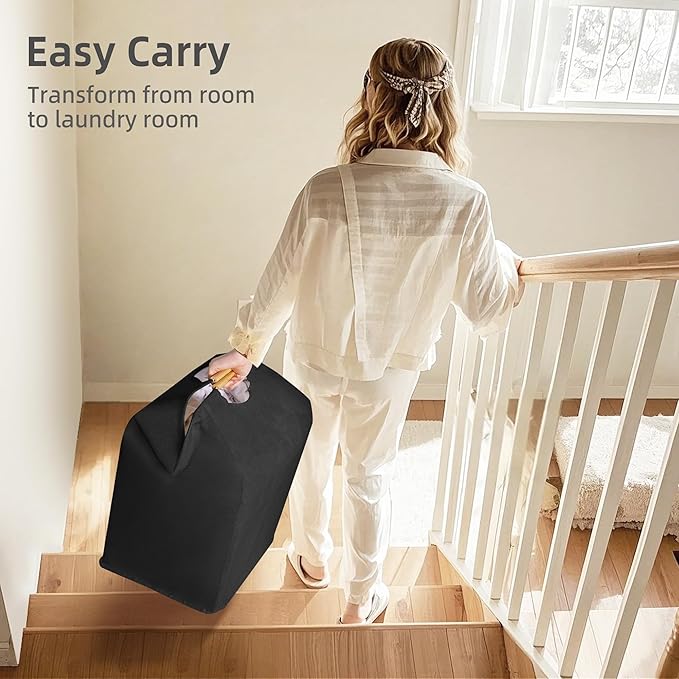 STORAGE MANIAC 2-Pack Large Laundry Hamper, 100L (26.4 Gal) Collapsible Laundry Basket with Bamboo Handles, Freestanding Waterproof Clothes Hamper for Bedroom, Dorm, Towels, Toys, Black+White