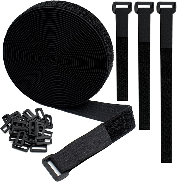 YiwerDer 1"x20FT Hook and Loop Straps, with 30 Plastic Buckles, Adjustable Fastening Cable Straps, Cut-to-Length Cinch Strap, Reusable Nylon Securing Cord Ties for Organizer or Storage - Black