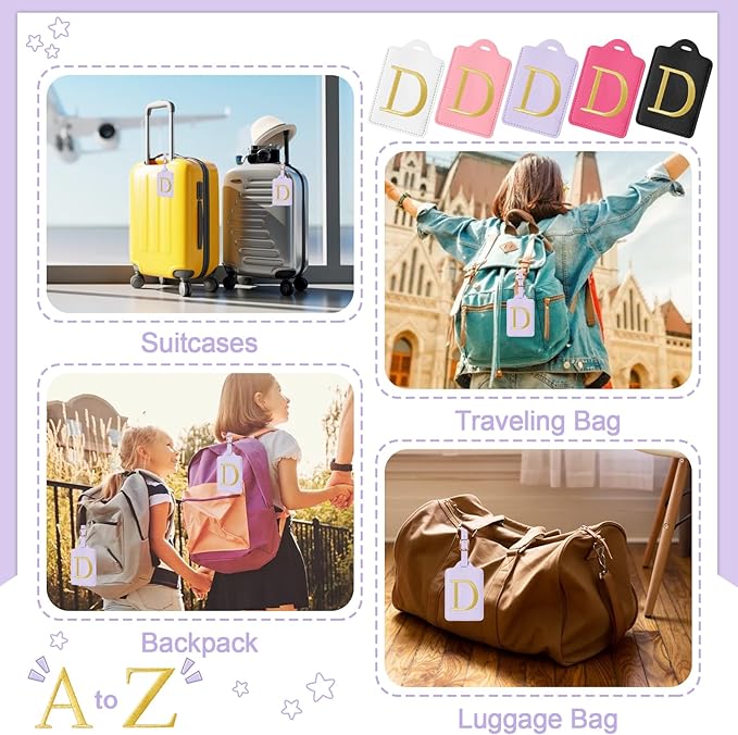 Initial Letter Luggage Tags for Suitcases, Embroidered Monogrammed Suitcase Luggage Identifier Name Tag, PU Leather TSA Approved Luggage Tags, Bag Tags for Men Women Kids Luggage Handbags(Purple D)