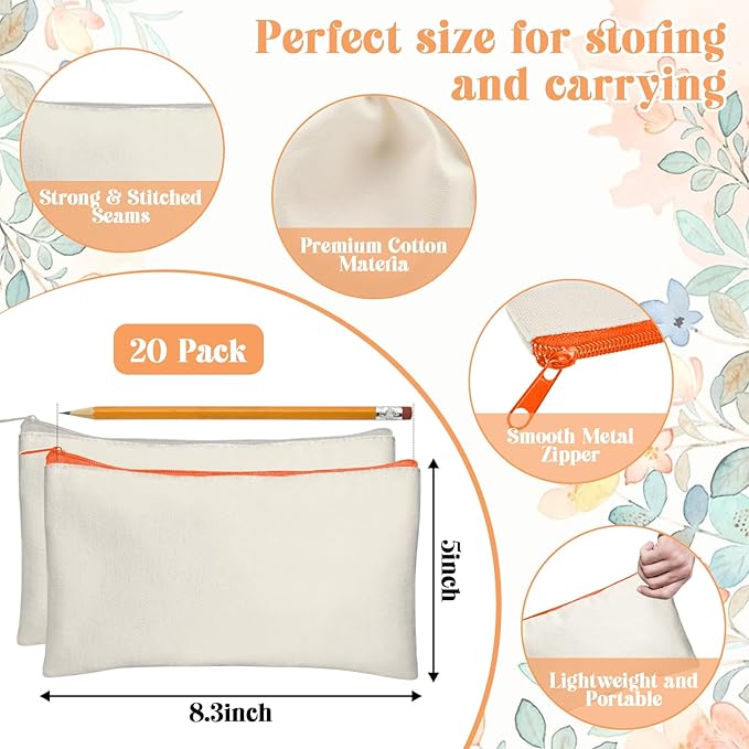 Legigo Blank Canvas Bag Zipper Pouch Makeup Bags Bulk - Multi-Purpose Canvas Pencil Pouch with Sturdy Zipper, Cosmetic Bag Travel Toiletry Bag for DIY Craft Projects, Storage (8.3 x 5 inches)