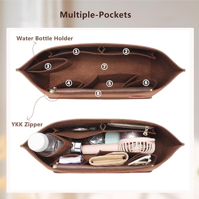 Purse Organizer Insert, Tote Bag Organizer Insert with Base Shaper,Felt Zipper Handbag Shaper Compatible with Neverfull MM Speedy 30 and More,Brown/L
