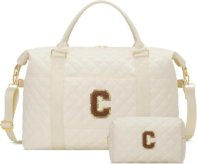 Gifts for Women, Initial Travel Duffle Bag, Personalized Weekender Overnight Bags, Gift for Mom Friend College Girl Graduation Teacher（Beige,C)