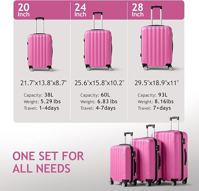Karl home Luggage Set of 3 Hardside Carry on Suitcase Sets with Spinner Wheels & TSA lock, Portable Lightweight ABS Luggages for Travel, Business - Pink (20/24/28)