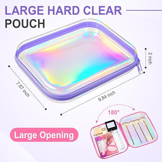 Sanwuta 6 Pcs Clear Hard Zipper Case Plastic Zipper Pouches Transparent Makeup Bag Pencil Case Pouches Toiletry Diaper Bag for Travel Toy Storage Organizer Bins(Holographic,9.84 x 7.87 x 2 Inch)