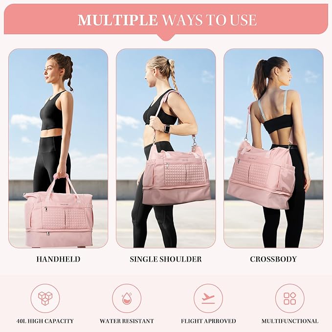 Maelstrom Gym Bag for Women,40L Travel Duffel Bag with Shoes Compartment and Wet Pocket,Waterproof Carry On Weekender Bag,Sport Gym Tote Bags Swimming Yoga, Hospital Holdalls（Pink)