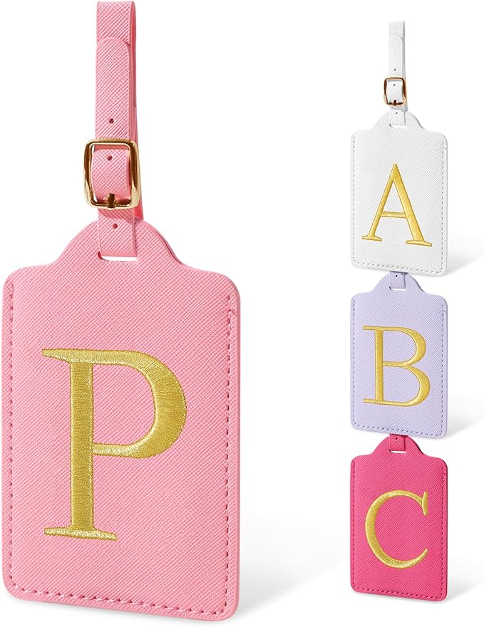 Initial Letter Luggage Tags for Suitcases, Personalized Embroidered Letter Luggage Bag Suitcase Identifier Name Tag, Cute PU Leather Travel Luggage Tags, Bag Tags for Luggage Handbags(Pink P)