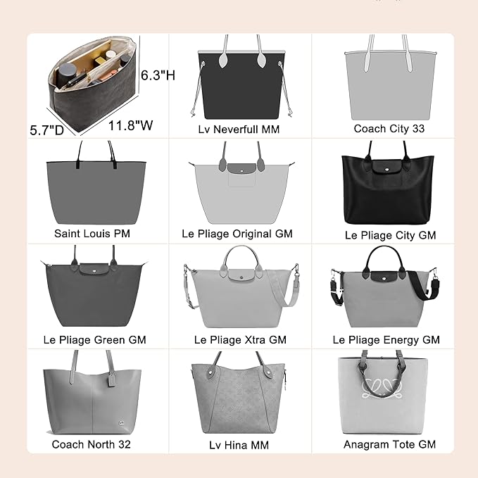 Doxo Purse Organizer Insert,Tote Bag Insert for Lv Neverfull MM,Long champ Le-pliage L and More,Bag Organizer Insert with Zipper(Large,Black-beige)